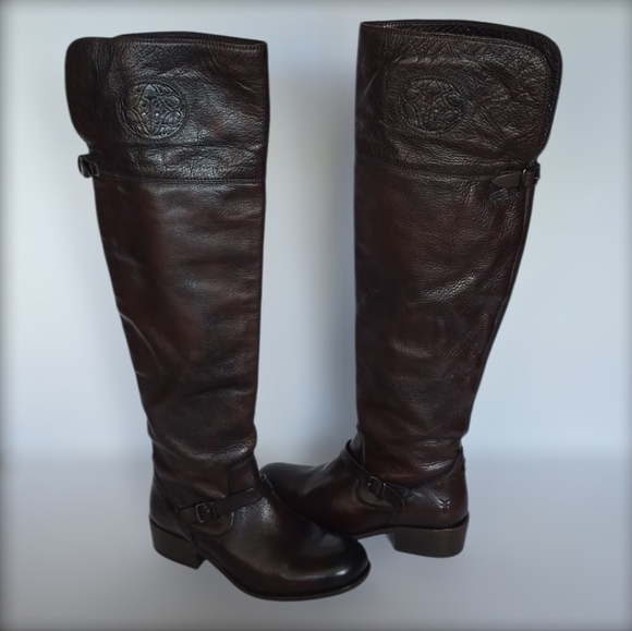 Frye Lynn Logo Knee-High Riding Boots Mahogany Brown Leather Equestrian Sz 6